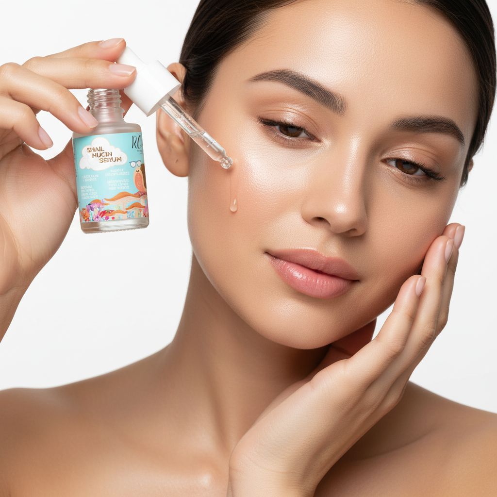 Woman Applying Snail Mucin Serum Dropper